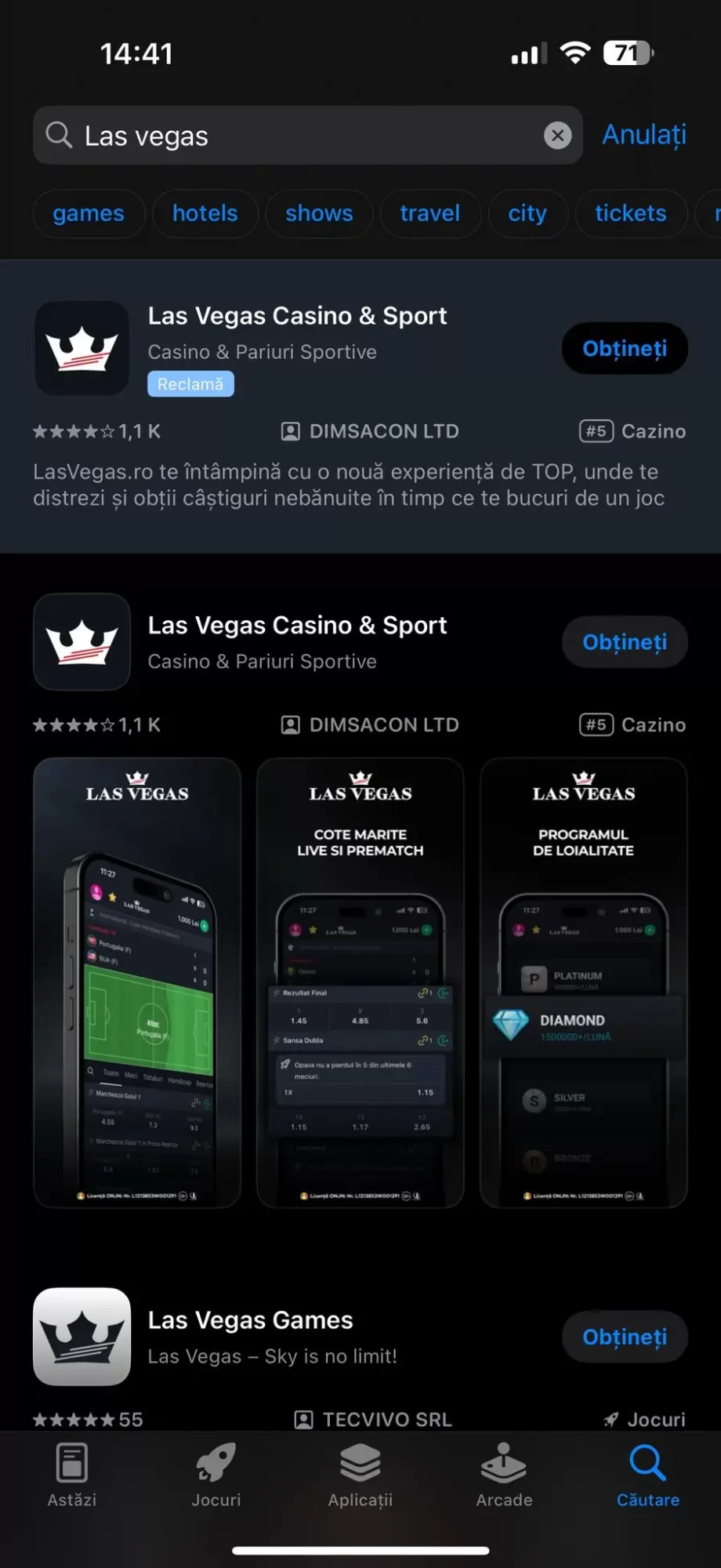 aplicația mobilă Las Vegas