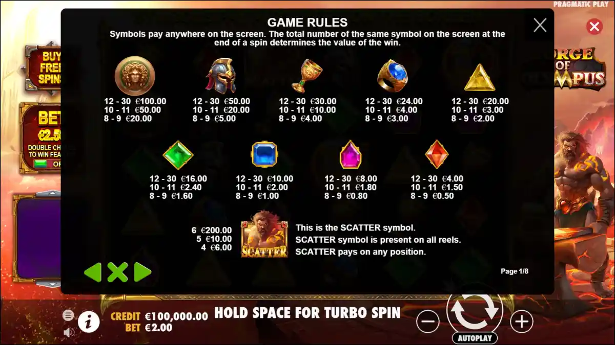 tabelul de plata al jocului Slot Gratis Forge of Olympus