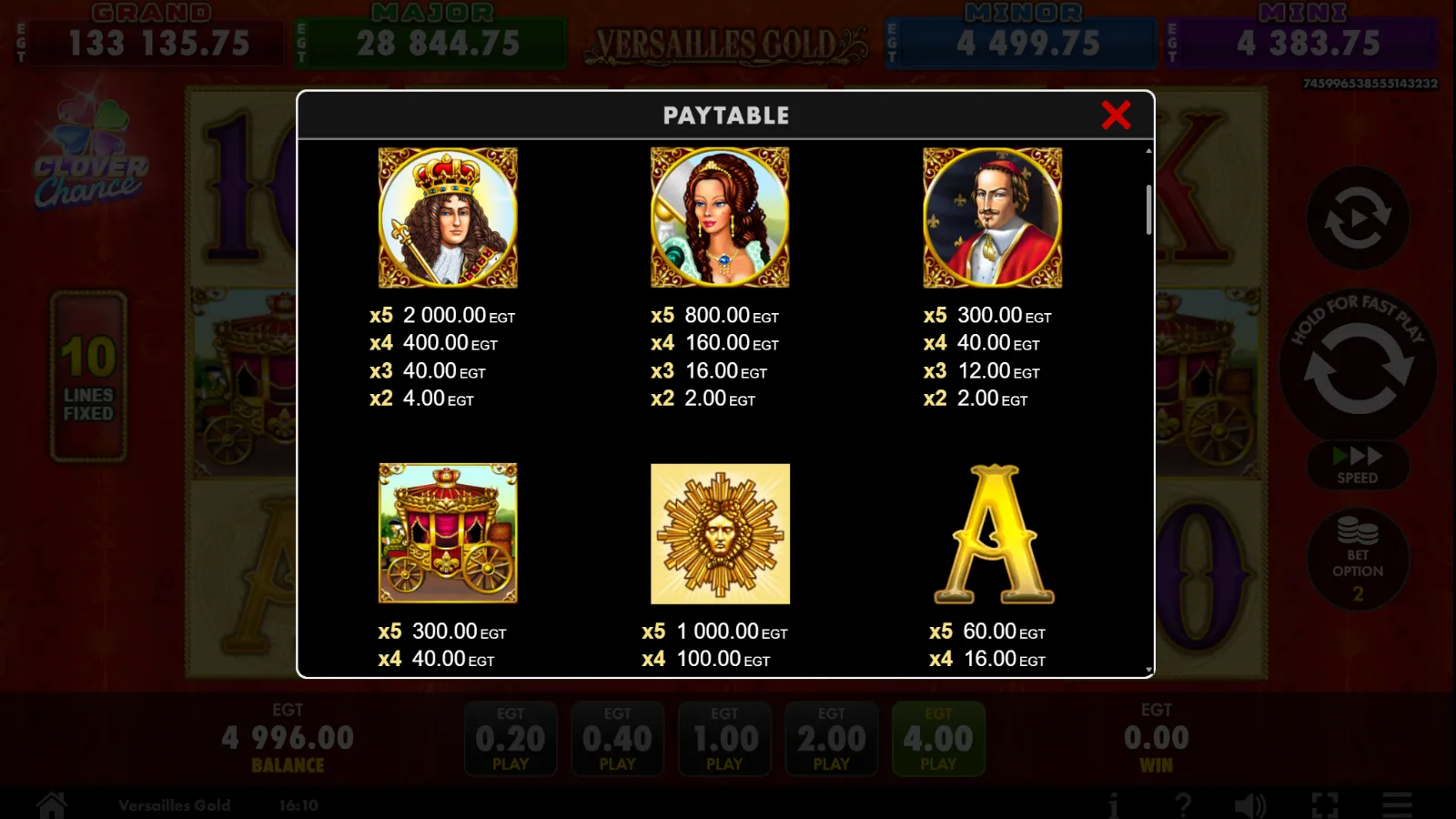Versailles Gold Clover Chance demo Simboluri