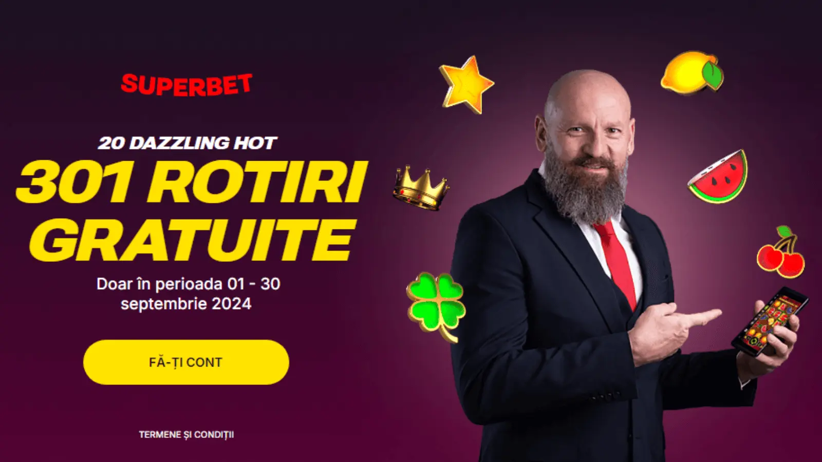 Superbet Bonus fără depunere 301 Rotiri Gratuite la 20 Dazzling Hot