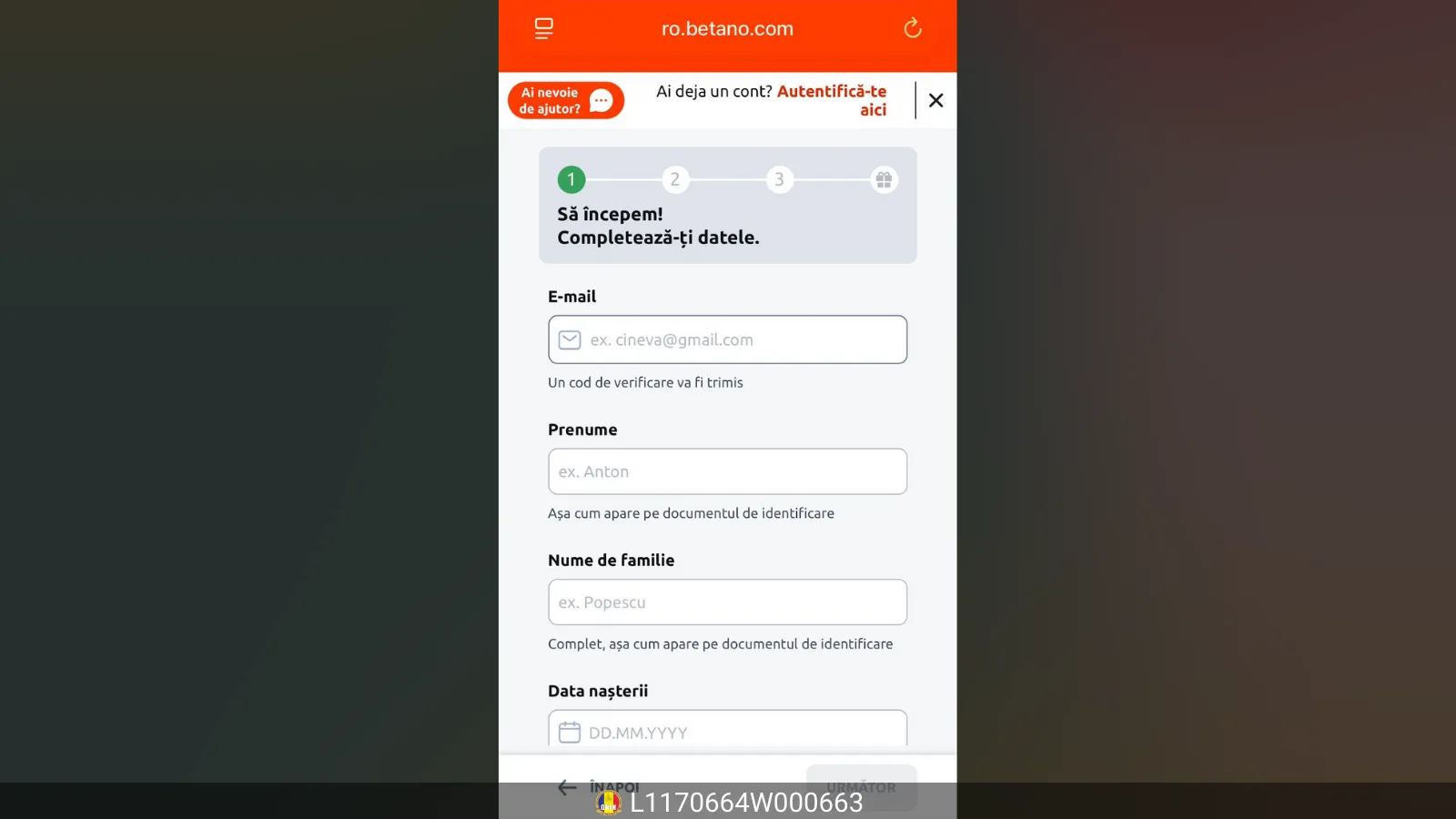 Pasul 1 in completarea formularului Betano pentru rotiri gratuite